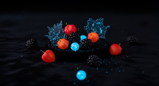 Bioluminescent Berries and Orbs Arranged Artistically with Glowing Blue Accents