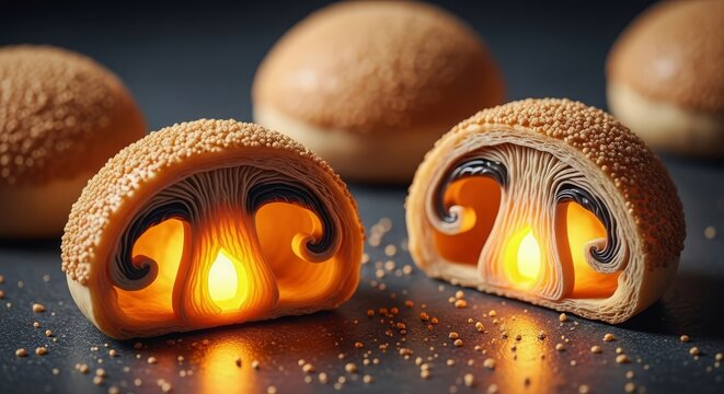 Close-up view of two halves of a glowing sesame seed bread pastry with intricate interior details illuminated by warm light, showcasing delicious textures.
