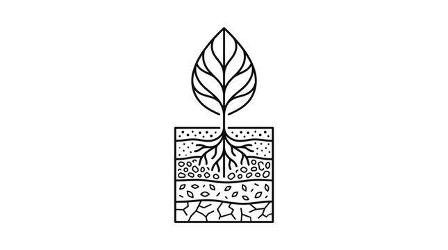 Stylized plant growing from soil layers, roots visible in cross-section, clean line art.