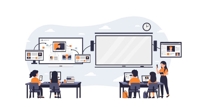 Students and teacher working in a modern digital classroom environment. EPS Editable. Vector Illustrations.