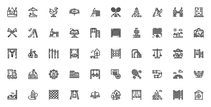 Playground icon set. Minimal vector icons. Playground icon pack. Featuring castle, sandbox, trampoline, slide, swing, carousel, Ferris wheel, roller coaster, sledge and more. Editable vector stroke.