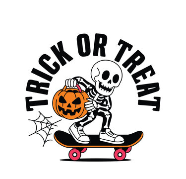 A fun cartoon skeleton on a skateboard holds a jack o lantern pail ready for treats