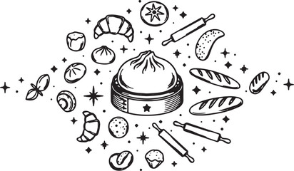 Bakery Ingredients and Tools Line Art Illustration with Constellation Motif © IftiarJony