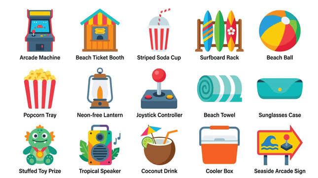 Collection of summer vacation and beach-themed icons, including arcade games, beach items, and drinks.