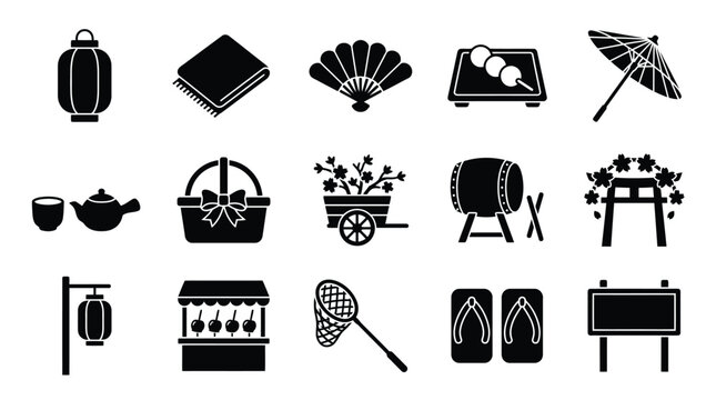Collection of Japanese cultural icons and symbols in silhouette, representing traditional elements and festivals.