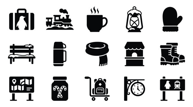 Collection of winter travel and holiday icons, including luggage, train, hot drink, lantern, and clothing.