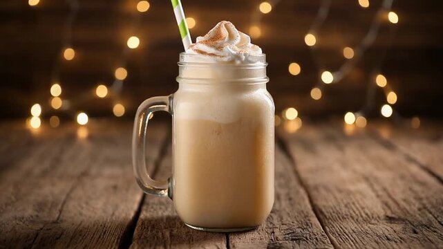 Creamy vanilla milkshake with whipped cream in a rustic mason jar