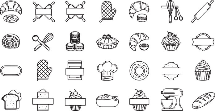 Minimal Bakery Shop Symbols and Food Icons Line Art Vector Illustration Set