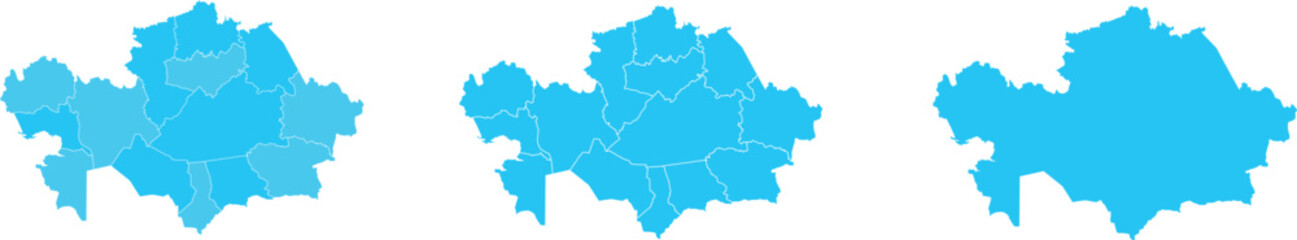 Obraz premium Kazakhstan Map Light Blue Detailed Regions Administrative Divisions Three Styles Silhouette Flat Vector Illustration Isolated White Background