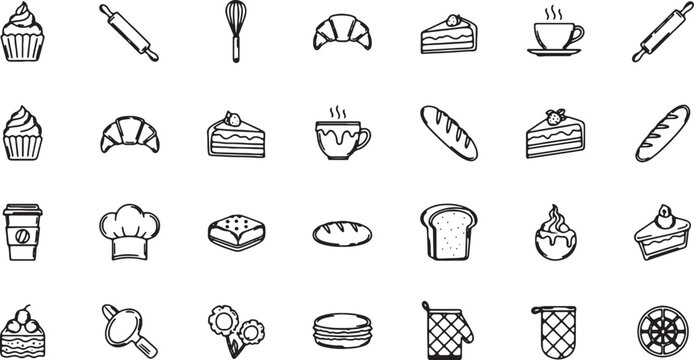 Minimal Bakery and Pastry Line Icons Set with Food and Kitchen Utensils in Outline Style