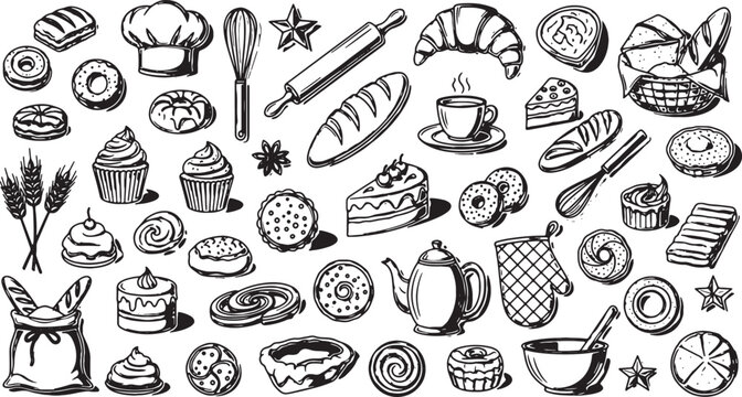 Bakery and Pastry Line Art Icons Set with Bread, Desserts and Kitchen Tools in Black and White Outline Style