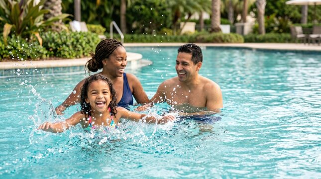 Happy mixed race family playing in a swimming pool with water splashing around them. Parents and child enjoying summer leisure and vacation time at a tropical resort.