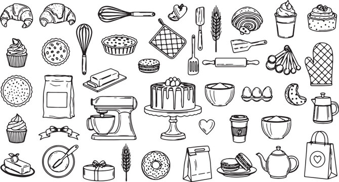 Collection of Bakery and Kitchen Food Items Line Art Illustration Set