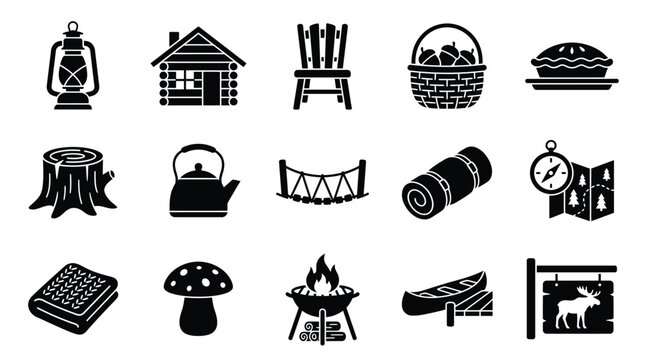 Collection of rustic camping and outdoor adventure icons in black and white silhouette style.