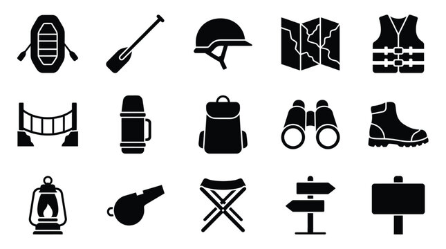 Collection of outdoor adventure and camping equipment icons, including a raft, paddle, helmet, map, life vest, and more.