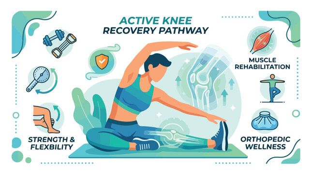A woman in athletic wear performing a yoga pose with various fitness icons and text related to knee recovery and rehabilitation in the background.