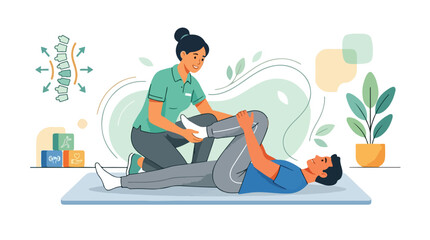 Fototapeta premium A female chiropractor adjusting a man's knee on an exercise mat with a plant and spine model in the background, conveying a healthcare and wellness scene.