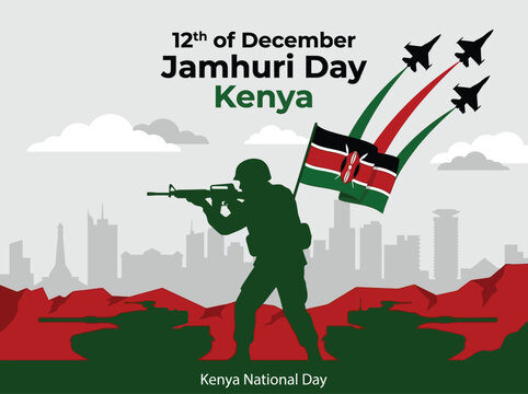 Jamhuri Day Kenya National Celebration with Soldier Silhouette Army Tanks and Fighter Jets Over City Skyline Representing Independence and Patriotism