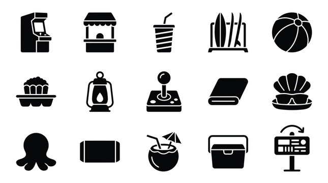 Collection of flat design icons representing summer vacation and leisure activities, including arcade games, beach items, and refreshments.
