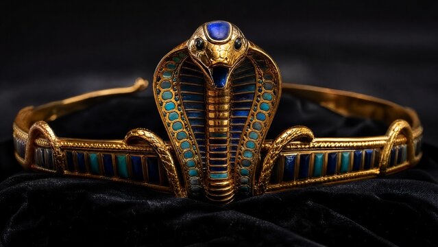 uraeus. Detailed golden cobra crown with turquoise inlays resting on black velvet. event programs, museum guides, designed for cultural heritage projects and event programs, used by recruiters.