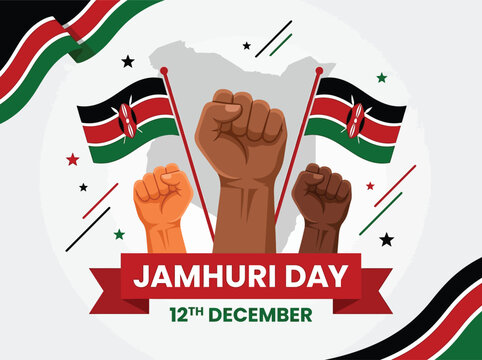 Jamhuri Day Kenya Independence Celebration with Raised Clenched Fists and National Flags Over Map Background Symbolizing Unity and Freedom
