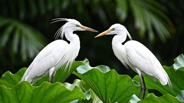 Two white egrets in breeding plumage on tropical leaves