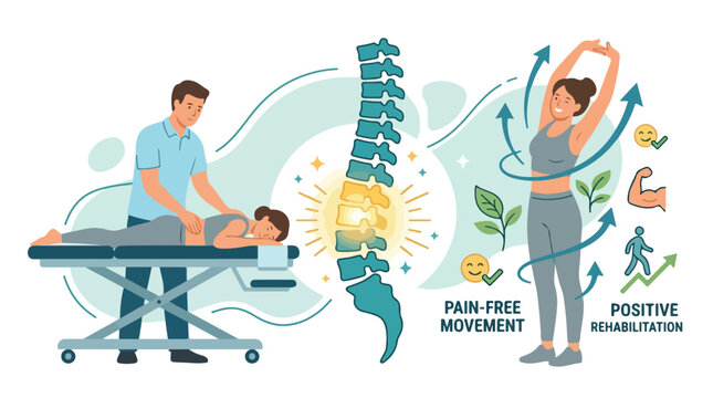 Chiropractor adjusting patient's spine on a treatment table with a model of a spine and a woman exercising in the background to illustrate pain-free movement and positive rehabilitation.