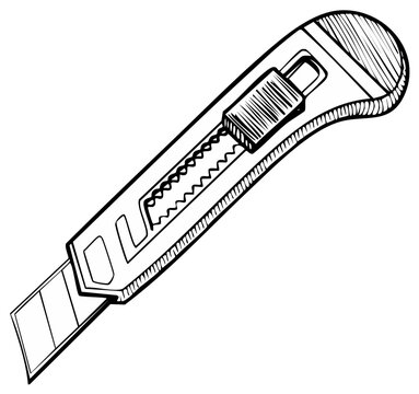 Hand drawn sketch of a utility knife with a retractable blade and serrated edge