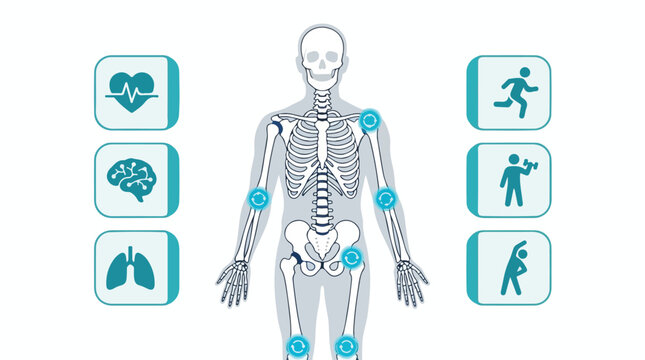 Infographic illustration of a human skeleton with blue dots and icons representing various body parts and physical activities on a white background.