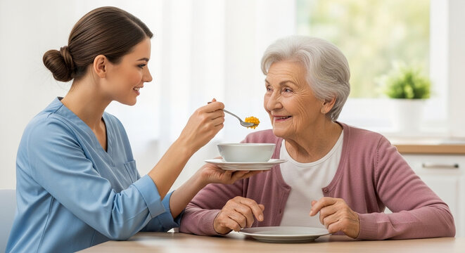 Young female nurse or caregiver feeding healthy soup to a senior woman in a nursing home or at home setting, providing assistance and care
