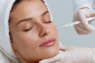 Naklejka premium Young woman receives facial injection treatment. Her eyes are gently closed, showing calm relaxation. Medical professional holds needle with steady, precise technique. Soft lighting enhances serene