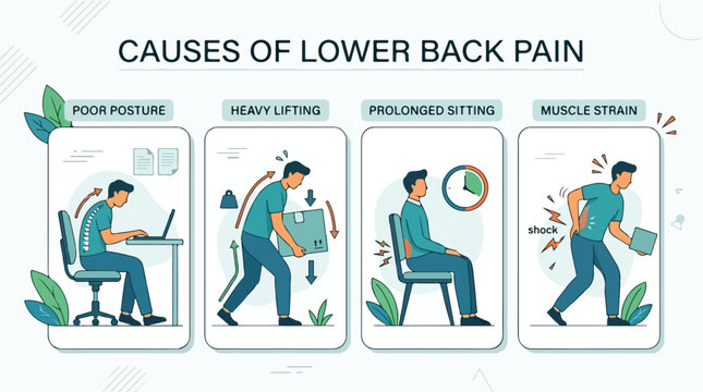 Infographic illustration showing four causes of lower back pain including poor posture, heavy lifting, prolonged sitting, and muscle strain.