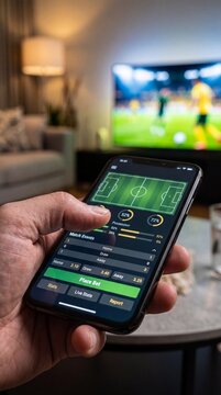 Close-up of a hand using a sports betting and statistics mobile app on a smartphone while watching a live soccer match on TV