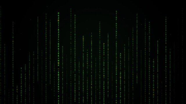 A digital matrix with green cascading code on a black background, resembling a futuristic or hacking-themed digital environment