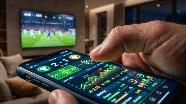Close-up of a hand holding a smartphone with a live sports betting app while watching a soccer match on television