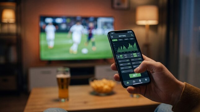 Man Using Sports Betting App on Smartphone While Watching Live Soccer Match on TV