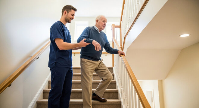 Professional Male Caregiver Assisting Elderly Senior Man to Safely Walk Up the Stairs at Home during a Physical Therapy Session and Rehabilitation