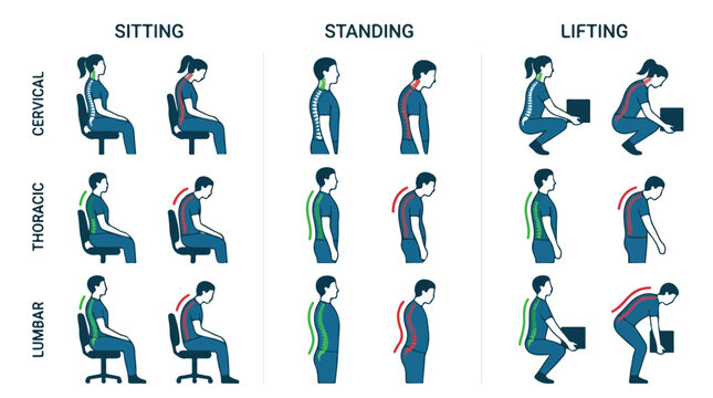 Infographic illustration showing various lifting, standing and sitting postures with highlighted muscle groups for cervical, thoracic and lumbar spine.
