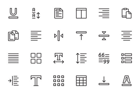 Alignment icon set. Minimal line icons. Related to align center, left align, right align, underline, sort, columns, paste, copy and more. Editable stroke.