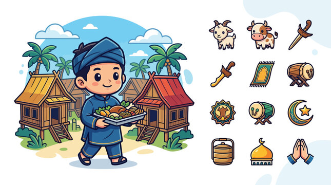 Cute Chibi Malay Boy in Blue Baju Melayu Carrying Food Tray in a Traditional Village with Icons of Cow, Goat, Kris, Mosque, and Prayer Mat for Eid Al-Fitr or Hari Raya