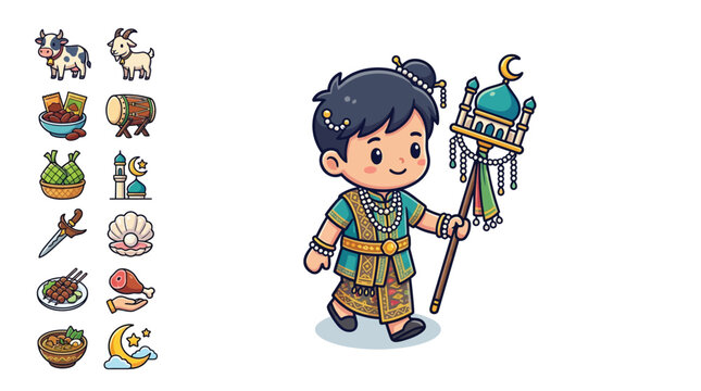 Cute chibi boy in traditional teal Malay clothing holding a mosque-topped staff, featuring Islamic festival icons like cow, goat, ketupat, and satay on a white background.