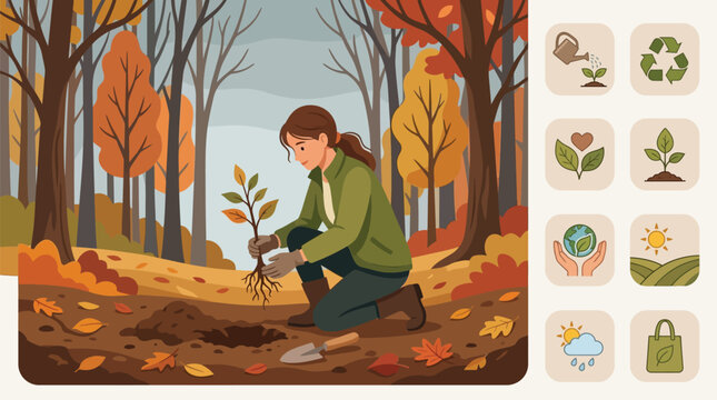 Flat vector illustration of a woman planting a tree sapling in an autumn forest with environmental icons on the right representing recycling, sustainability, and nature care.