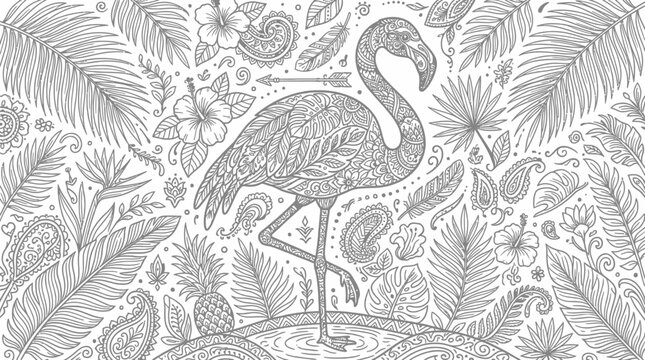 Doodle Flamingo Surrounded by Tropical Leaves and Flowers, Zentangle Style