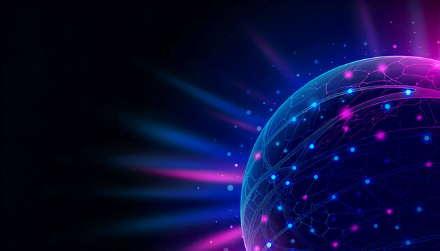 Abstract digital sphere segment with glowing nodes and light rays depicting global artificial intelligence