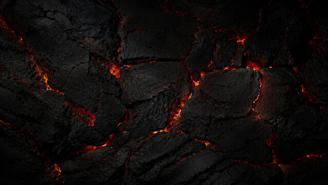 Dynamic close-up of a rugged, dark textured surface with fiery red and orange cracks, evoking the intense heat and power of a volcanic landscape or smoldering embers