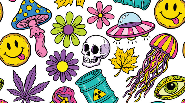 Bold Psychedelic Underground Sticker Pattern Set with Mushroom Smiley Skull UFO Jellyfish Evil Eye Cannabis Toxic Barrel and Trippy Neon Elements Collection