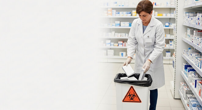 Professional female pharmacist in white lab coat disposing of expired medicine boxes into biohazard waste bin in a drugstore aisle with copy space.