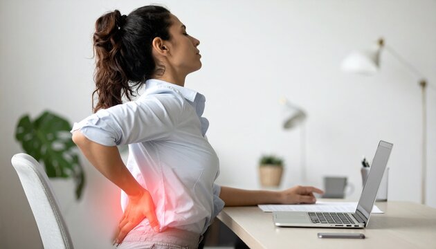 Distressed young woman struggling with severe lower back pain and discomfort, experiencing stress and fatigue from long hours of computer work at her home office desk