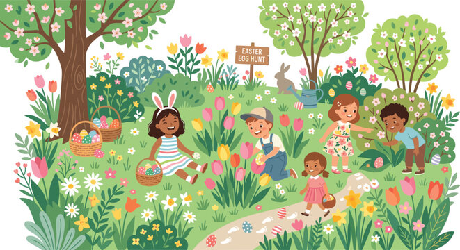 Happy diverse children enjoying Easter egg hunt activity in beautiful spring garden filled with colorful flowers