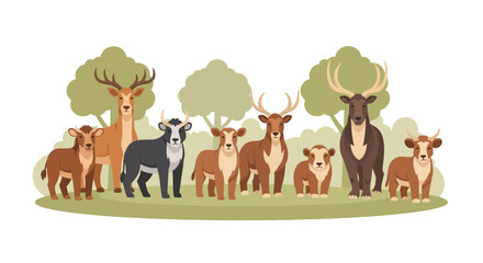 Naklejka premium Collection of various wild deer and bovidae animals standing in nature illustration